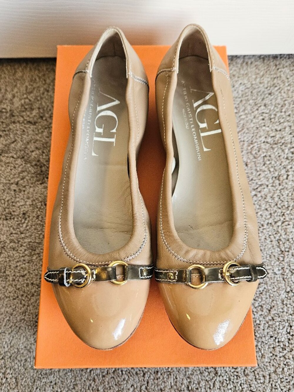 AGL Monika Beige Leather Cap Toe Ballet Flats EU 38.5 US 8-8.5